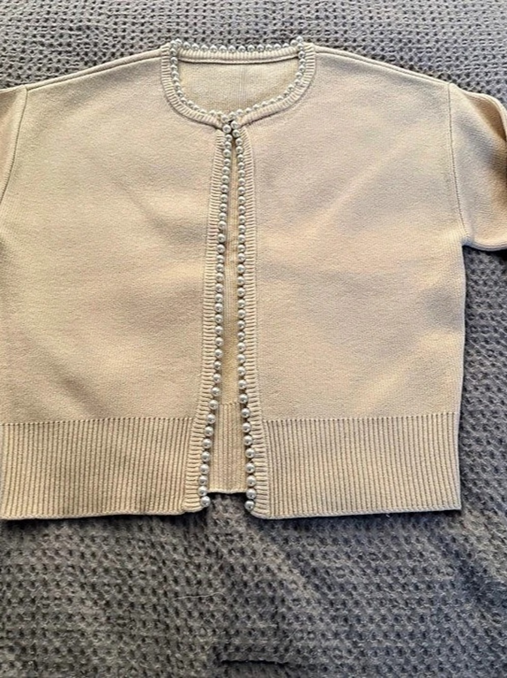 Cream Pearl-Trim Crew Neck Cardigan
